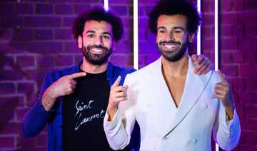 Mohamed Salah meeting his waxwork doppelgänger during a private viewing at London’s Madame Tussauds. (Supplied)
