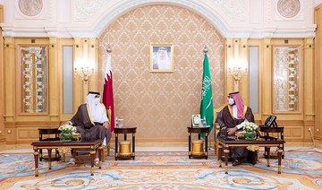 Saudi Arabia’s Crown Prince Mohammed bin Salman meets Qatar’s Emir Sheikh Tamim bin Hamad in Riyadh. (SPA)