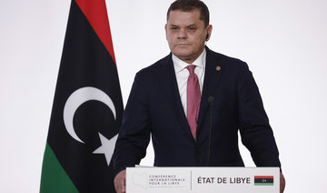 Libyan Prime Minister Abdul Hamid Dbeibah during a press conference folowing a conference on Libya in Paris Friday, Nov. 12, 2021. (AP)