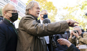 Former White House strategist Steve Bannon and attorney David Schoen,left, speak to the media after departing federal court, Monday, Nov. 15, 2021, in Washington. (AP)