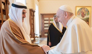 Pope Francis receives Sheikh Khalid bin Ahmed bin Mohammed, adviser for diplomatic affairs to Bahrain’s King Hamad, at the Vatican. (BNA)