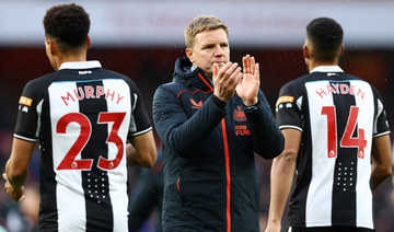 Newcastle United manager Eddie Howe applauds fans after the match with Arsenal. (Reuters)