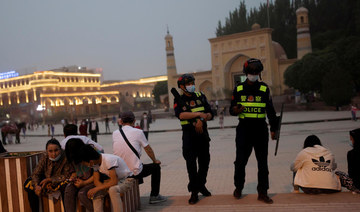 Police officers patrol the square in front of Id Kah Mosque in Kashgar, Xinjiang Uyghur Autonomous Region, China, May 3, 2021. (REUTERS)