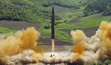 This file photo distributed July 4, 2017, by the North Korean government shows what was said to be the launch of a Hwasong-14 intercontinental ballistic missile, ICBM, in North Korea's northwest. (AP)
