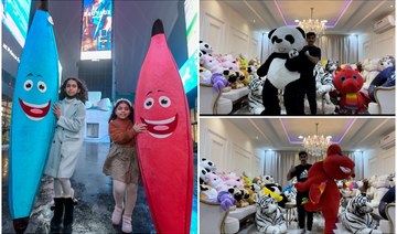 Kids holding stuffed banana toys that they won in Boulevard Riyadh city, Majed Al-Malki with his stuffed animals collection. (Supplied)
