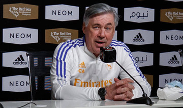 Carlo Ancelotti, first team manager of Real Madrid F.C., speaks to reporters at a press conference held in Riyadh on Tuesday, Jan. 11, 2022 ahead of the Spanish Super Cup semi-final against Barcelona. (Saudi Ministry of Sport)