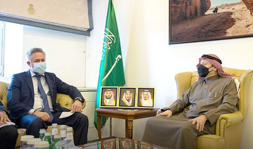 Saudi Deputy Minister for Public Diplomacy Fahad Abualnasr meets Patrick Simonnet.  (SPA)