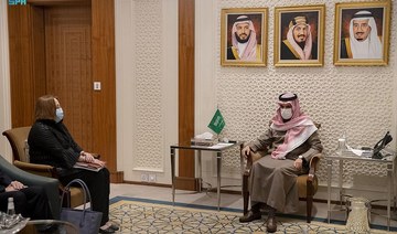 Saudi Arabia’s Foreign Minister Prince Faisal bin Farhan meets US Assistant Secretary of State for Horn of Africa Affairs Molly Phee and envoy for the Horn of Africa David Satterfield. (SPA)