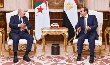 A handout picture released by the Egyptian Presidency shows Egyptian President Abdel Fattah al-Sisi (R) meeting with his Algerian counterpart Abdelmadjid Tebboune on January 24, 2022 in the capital Cairo. (AFP)