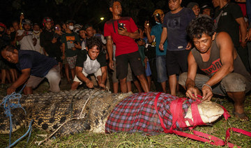 Locals prepare to release a wild crocodile back to the river after removing a tyre from its neck, in Palu, Central Sulawesi province, Indonesia, February 7, 2022, in this photo taken by Antara Foto February 7, 2022. (REUTERS)