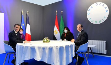 French President Emmanuel Macron meets Egyptian President Abdel Fattah El-Sisi on the sidelines of the One Ocean Summit in Brest, France. (Facebook/Spokesman of the Egyptian Presidency)