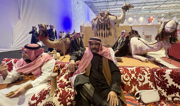 At the Made in Saudi exhibition, the museum had three life-sized camels in  a desert setting and two characters telling the story of traders. (AN photo)
