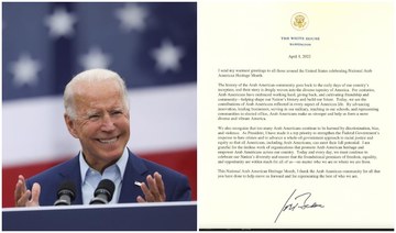 US President Joe Biden sent his “warmest greetings” to the Arab community in the US on Friday to mark the start of Arab American Heritage Month. (Screenshot)