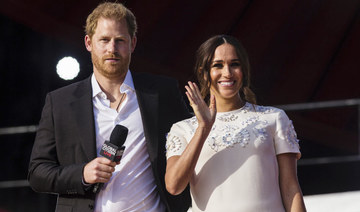 Prince Harry and his wife Meghan speak during the Global Citizen festival, on Sept. 25, 2021 in New York. (AP)