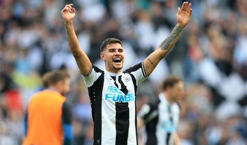 Newcastle United's Brazilian midfielder Bruno Guimaraes celebrates on the pitch after the English Premier League football match between Newcastle United and Leicester City at St James' Park. (AFP)