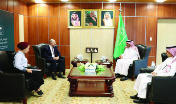 Saudi Arabia’s ambassador to Yemen Mohammed bin Saeed Al-Jaber meets with British ambassador to Yemen Richard Oppenheim. 