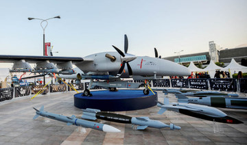 A Bayraktar Akinci unmanned combat aerial vehicle is exhibited at Teknofest aerospace and technology festival in Baku.