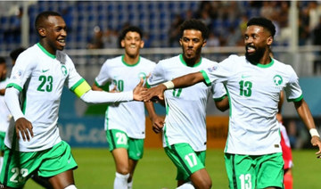 Saudi's players celebrate during their 5-0 win over Tajikistan in their AFC U23 Asian Cup opener.