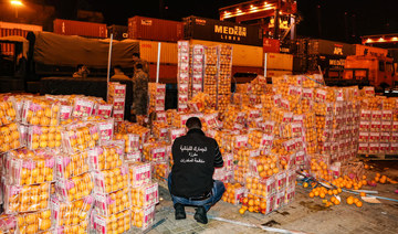 A customs agent checks boxes of oranges, in which fake fruits filled with Captagon in the Lebanese capital. (AFP)