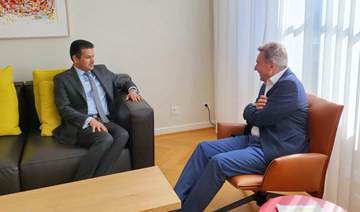 Saudi UN envoy Abdulmohsen Majed bin Khothaila meet with Peter Maurer in Geneva. (Supplied)