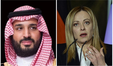 Saudi Arabia’s Crown Prince Mohammed bin Salman and Italy’s Prime Minister Giorgia Meloni. (File/SPA/AFP)