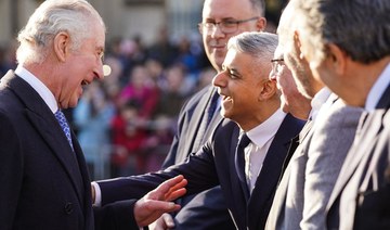 Britain's King Charles III is greeted by Mayor of London Sadiq Khan in Trafalgar Square, central London, on February 14. (AFP)