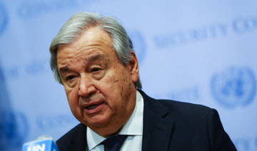 United Nations Secretary-General Antonio Guterres deliver remarks to reporters outside the UN Security Council
