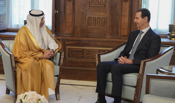 Syrian President Bashar Al-Assad meets with Saudi Arabia’s ambassador to Jordan Nayef Al-Sudairi, in Damascus, Syria.