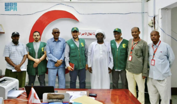 The KSrelief team in Port Sudan meets with the president of the Sudanese Red Crescent Society Dr. Khalil Sarbel on Monday. (SPA)