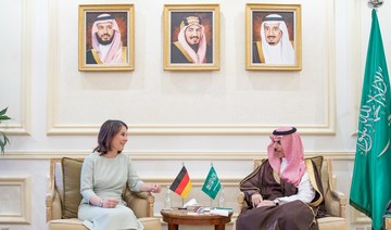 Saudi Arabia’s Foreign Minister Prince Faisal bin Farhan receives his German counterpart Annalena Baerbock in Jeddah on Monday. 