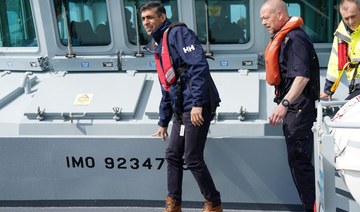 Britain's Prime Minister Rishi Sunak travels aboard Border Force cutter 'HMC Seeker' during a visit to the English Channel.