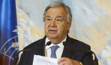 UN chief Antonio Guterres addresses international envoys during talks on Afghanistan in Doha, on May 2, 2023. (AFP)
