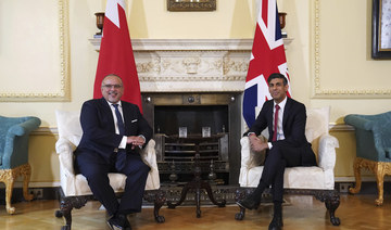 Britain’s Prime Minister Rishi Sunak poses for a photo with the Crown Prince of Bahrain, Salman bin Hamad, at 10 Downing Street 