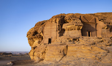 A photograph shows ancient Nabataean carved tombs at the archaeological site of Al-Hijr near the northwestern city of AlUla.