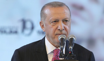 Turkey's President Recep Tayyip Erdogan addresses his party members, in Ankara, Turkey, late Thursday, Aug. 13, 2020. (AP)