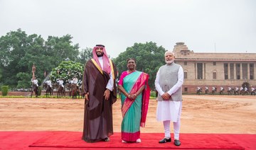 Saudi Crown Prince Mohammed bin Salman is pictured with the India’s Droupadi Murmu and Prime Minister Narendra Modi. (SPA)