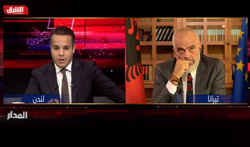 Albanian Prime Minister Edi Rama speaks to Adhwan Al-Ahmari, host of the Asharq News talk-show Al-Madar. (Asharq News)