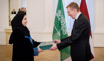 Saudi ambassador to Finland Nesreen Hamad Alshebel and Lativian president Edgars Rinkevich. (Twitter @KSAembassyFI)