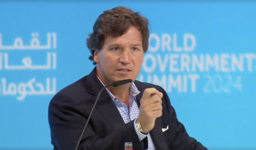 US right-wing commentator Tucker Carlson speaks at the World Government Summit in Dubai on Monday. (Screenshot)