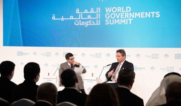 Nick Studer, president and CEO of Oliver Wyman, speaks to Faisal J. Abbas, editor-in-chief of Arab News, at the WGS in Dubai. 