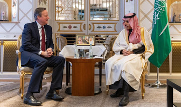 Prince Faisal bin Farhan holds talks with David Cameron in Munich. (SPA)