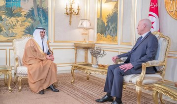 Tunisian President Kais Saied meets with Saudi Arabia’s Minister of Health Abdurrahman Al-Jalajel in Tunis on Wednesday. (SPA)