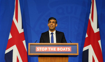 Britain’s Prime Minister Rishi Sunak hosts a press conference inside the Downing Street Briefing Room, in central London. (AFP)