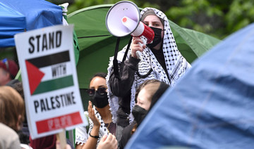 Pro-Palestinian students and activists demonstrate at George Washington University on April 25, 2024, in Washington, DC. (AFP)