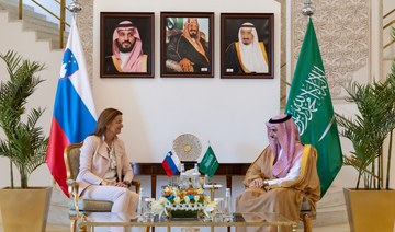 Saudi Foreign Minister Prince Faisal bin Farhan receives his Slovenian counterpart Tanja Fajon in Riyadh on Wednesday. (SPA)