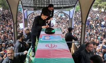 The coffin of late Iranian president Ebrahim Raisi during a funeral procession in the eastern city of Birjand on May 23, 2024.