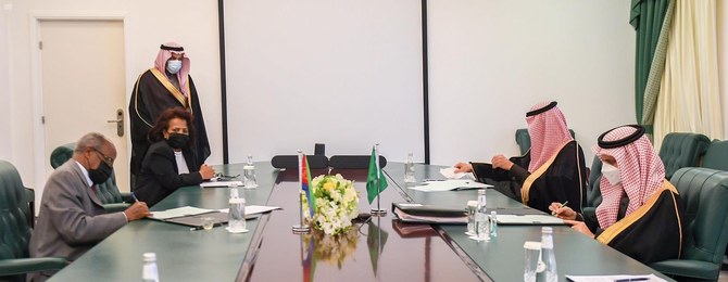 Saudi Arabia’s Foreign Minister Prince Faisal bin Farhan and his Eritrean counterpart, Osman Saleh Mohammed, hold a meeting at the ministry in the capital Riyadh on Tuesday, Jan. 26, 2021. (SPA)