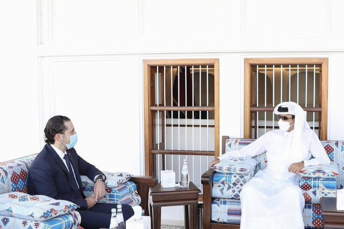 Qatar’s Emir Sheikh Tamim bin Hamad Al-Thani meets with Lebanese Prime Minister-designate Saad Hariri in the capital Doha on Thursday, Feb. 18, 2021. (Twitter/@saadhariri)
