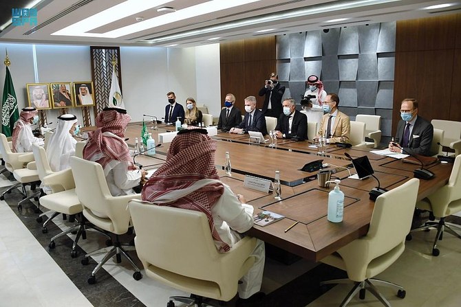 Supervisor General of the King Salman Humanitarian Aid and Relief Center (KSrelief) Dr. Abdullah Al-Rabeeah meets Finnish Foreign Minister Pekka Haavisto. (SPA)