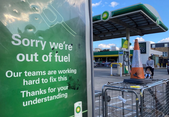 A BP petrol station that has run out of fuel is seen in south London, Britain, September 27, 2021. (Reuters)